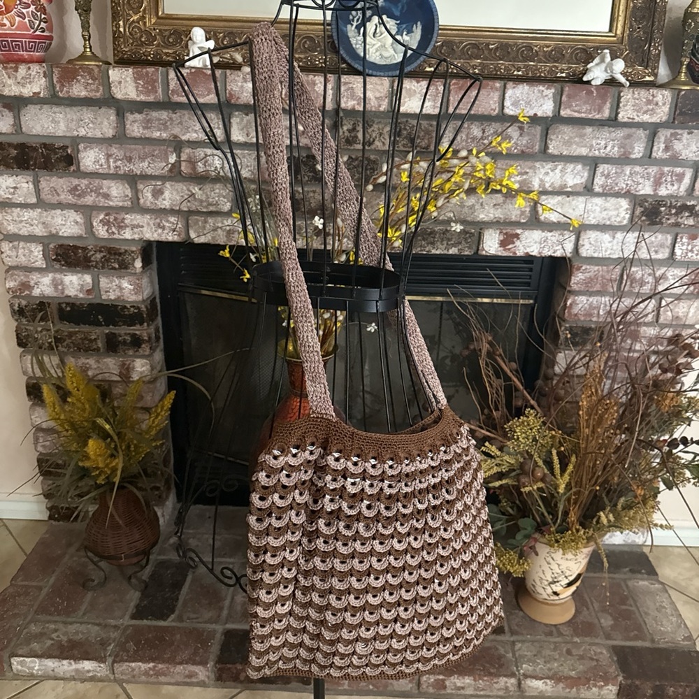 Retro Handmade Hand Crocheted Aluminum Soda Can Pull Tab Brown Crossbody Bag